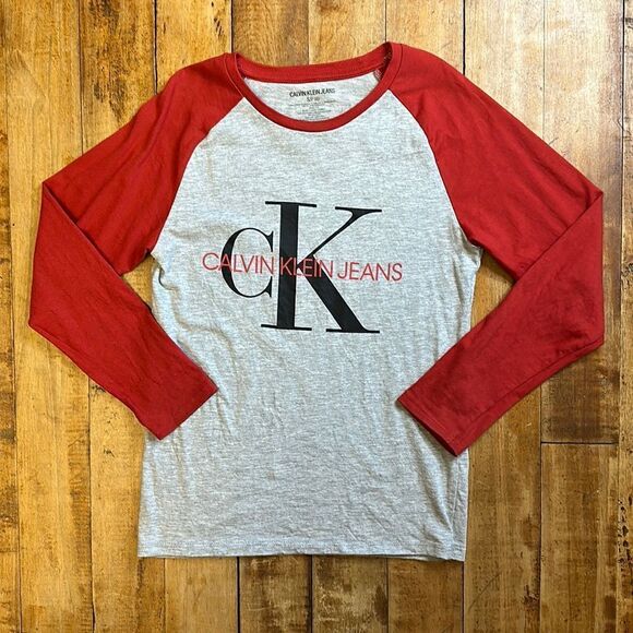 Calvin Klein shirt Size 8 Long Sleeve Red Gray raglan cotton Spring - Picture 1 of 5